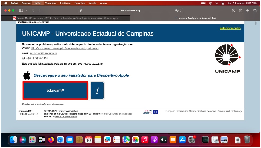 instalar o perfil da rede clique no botão eduroam