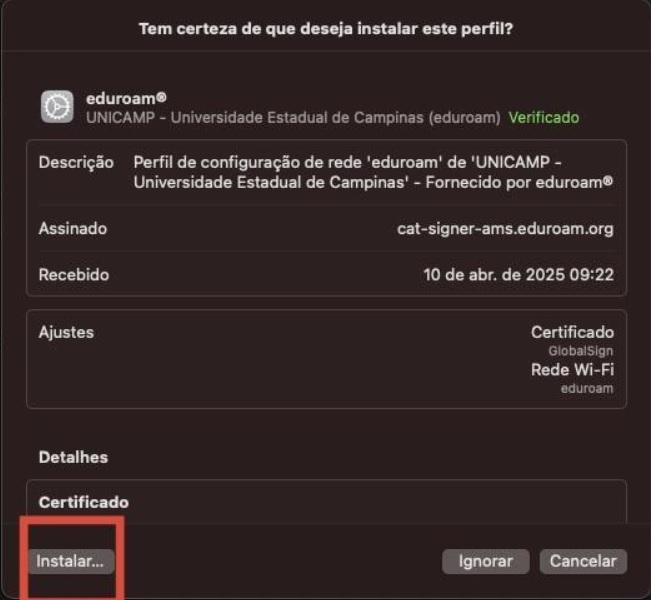 janela para confirmar a instalação do perfil