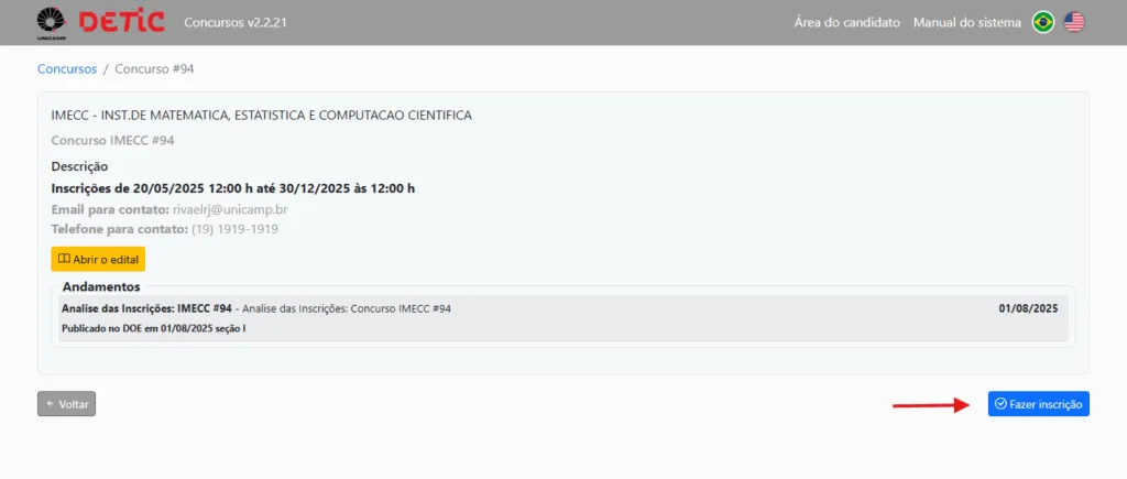Tela de informações de concurso