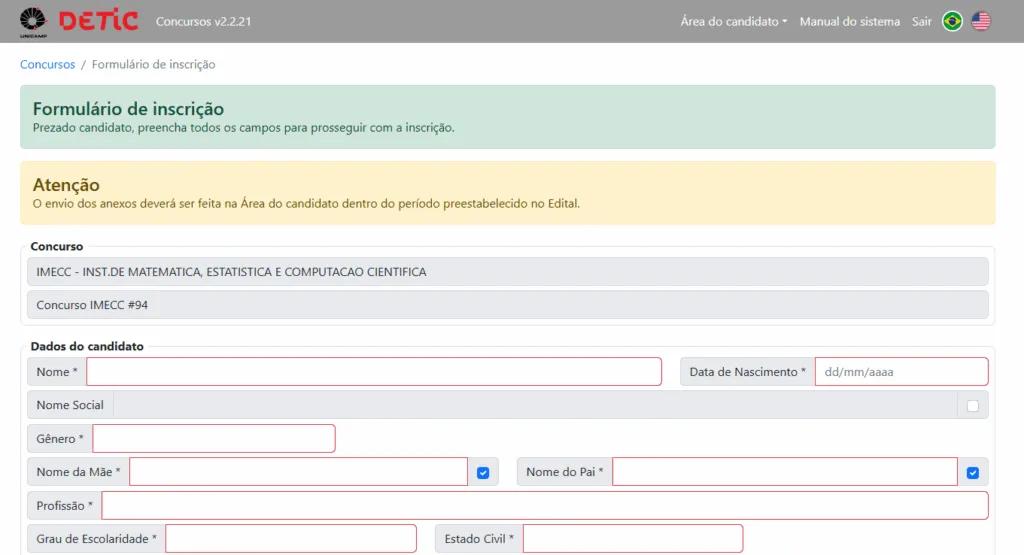Tela ficha de inscrição candidato