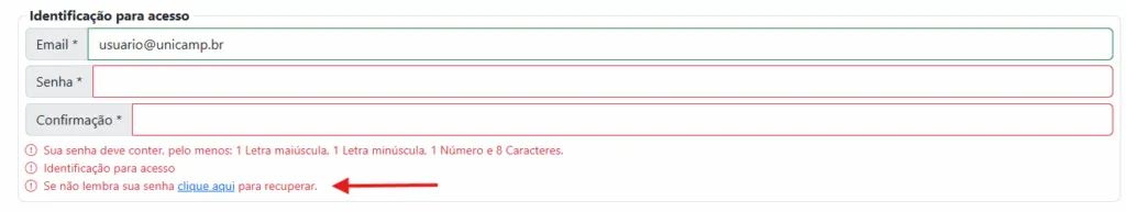 Seção "identificação para acesso"