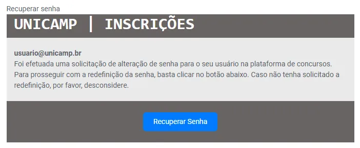 Tela de Email de recuperação de senha