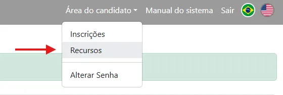 Menu superior com opção de "Recursos" destacada