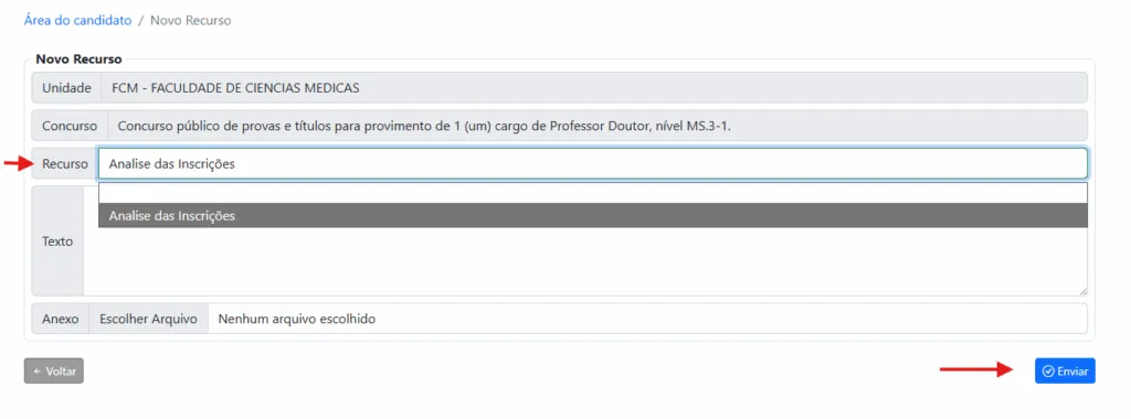 Tela com formulário para recurso
