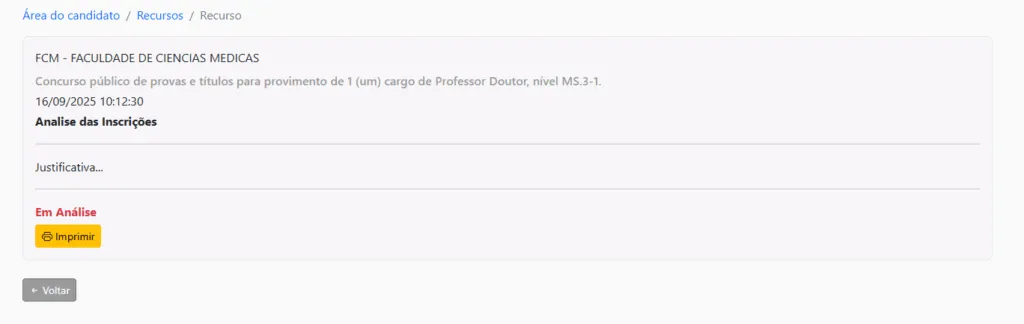 Tela com status do recurso submetido