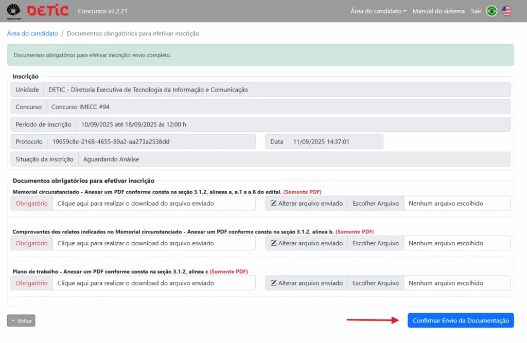 Tela para anexo dos documentos obrigatórios