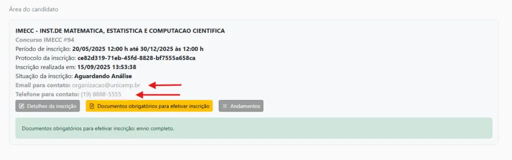Tela área do candidato com opção para acessar detalhes da inscrição