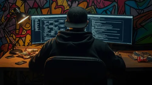 hacker, sentado na frente de um pc, com 2 monitores, com várias telas de console e browsers como se estivesse tentando invadir um site