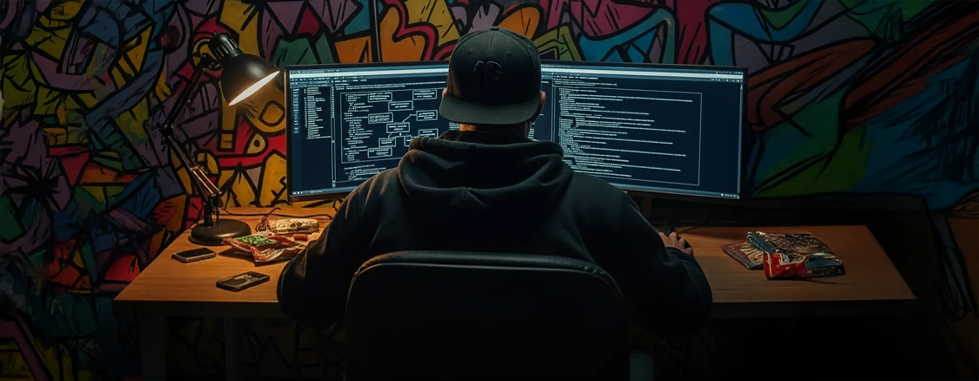 hacker, sentado na frente de um pc, com 2 monitores, com várias telas de console e browsers como se estivesse tentando invadir um site