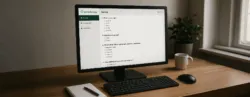 Mesa de madeira com um teclado e um monitor, no monitor a tela com um formulário do Lime Survey