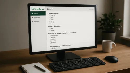 Mesa de madeira com um teclado e um monitor, no monitor a tela com um formulário do Lime Survey
