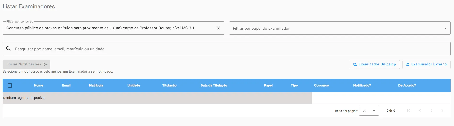Lista de examinadores do concurso selecionado