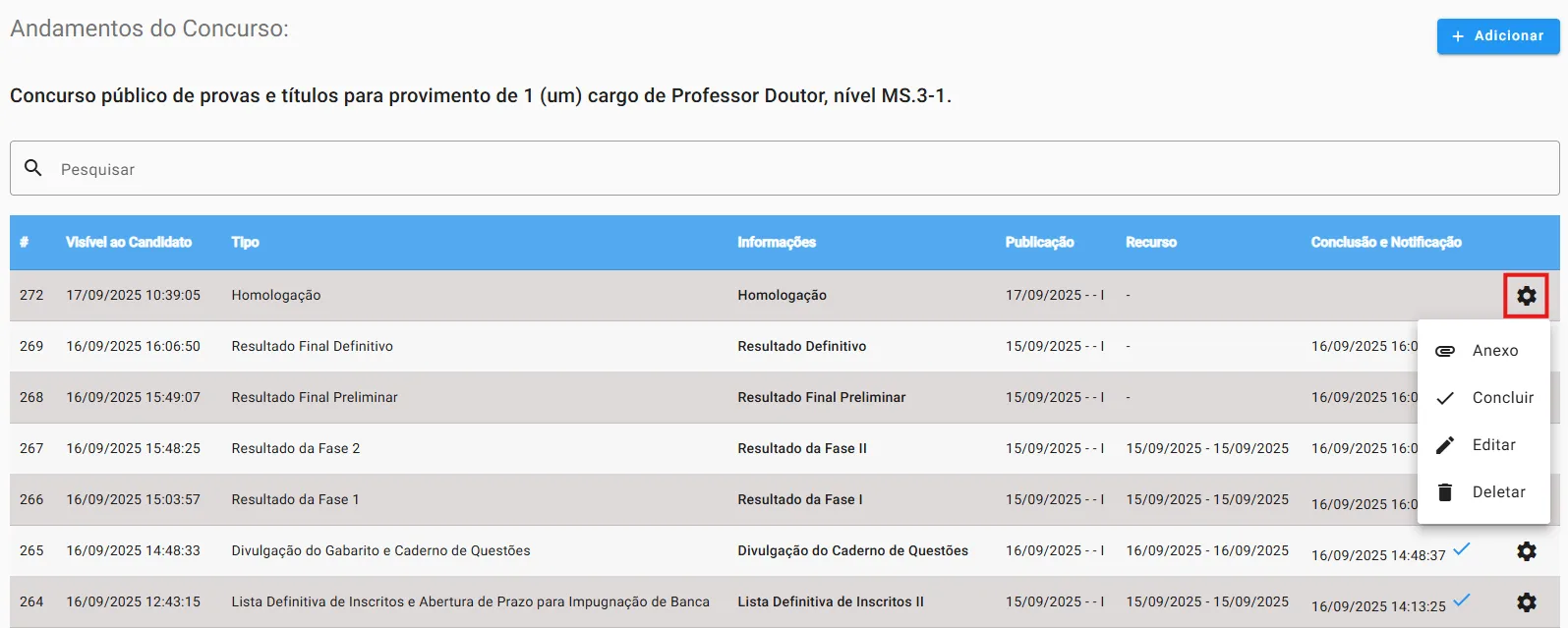 Lista de andamentos com opções adicionais