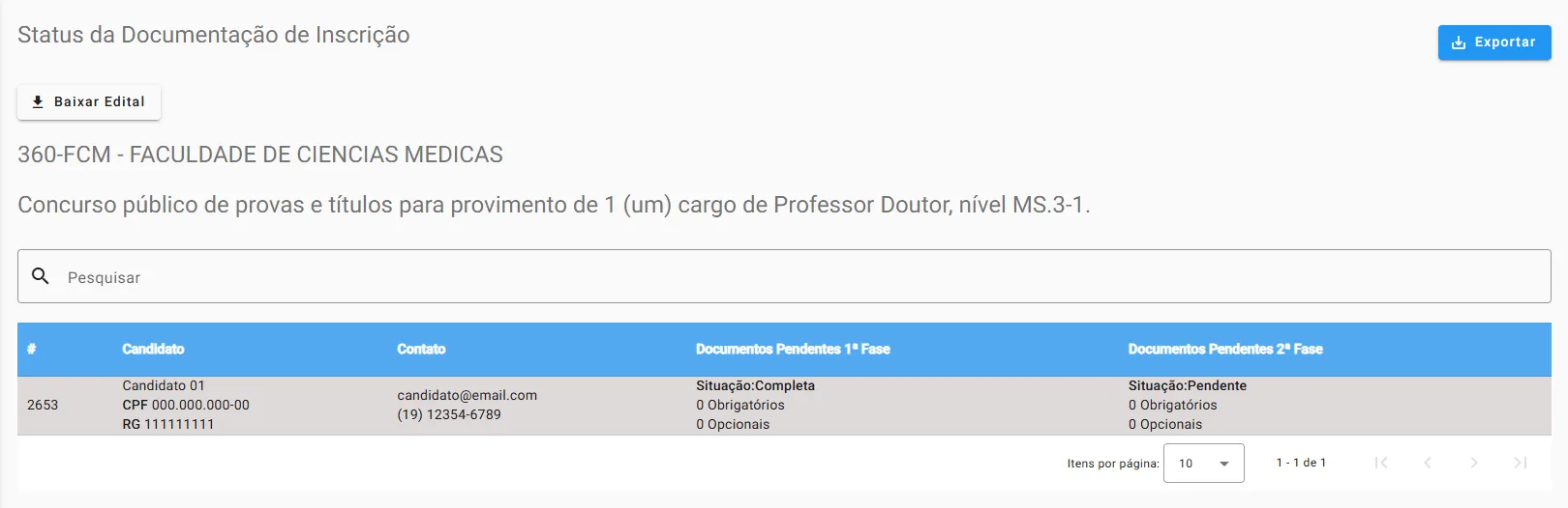 Tela de status da documentação de inscrição