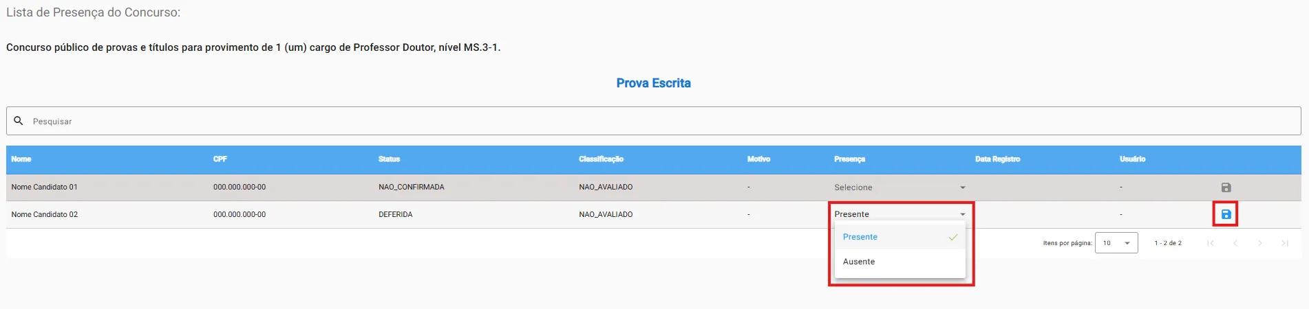 Confirmação de presença do candidato