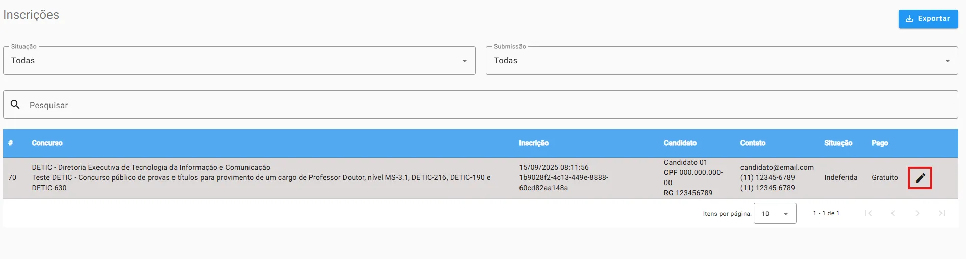 Tela de inscrições