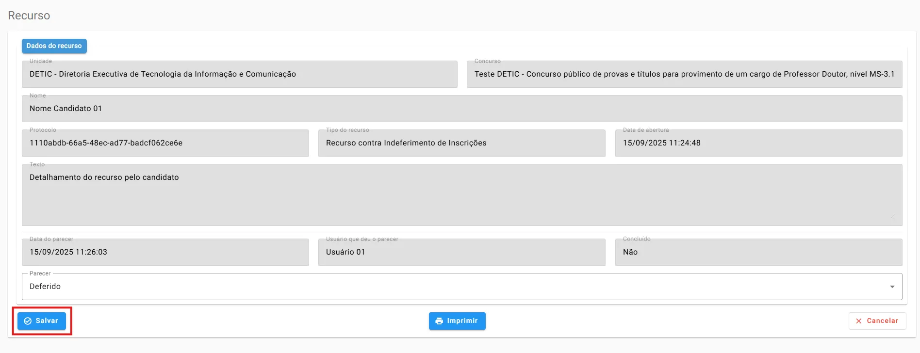 Formulário do recurso interposto