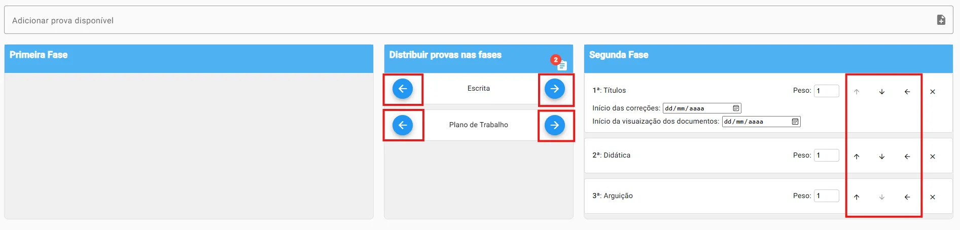 Definição de provas nas fases