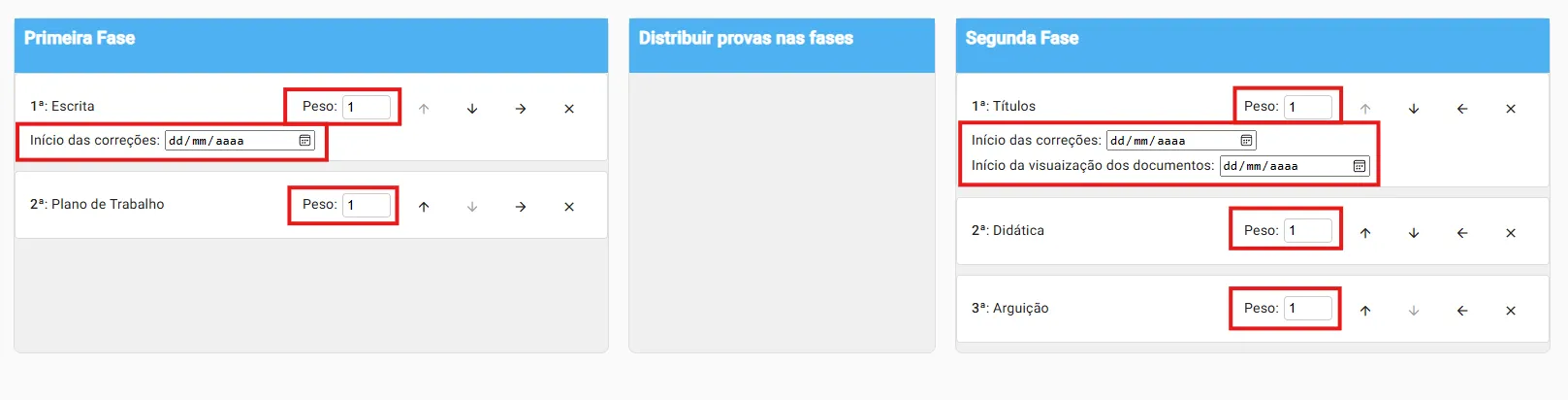 Definição de dados das provas