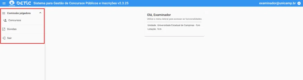 Tela inicial examinador