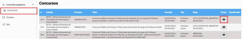 Tela listagem concursos