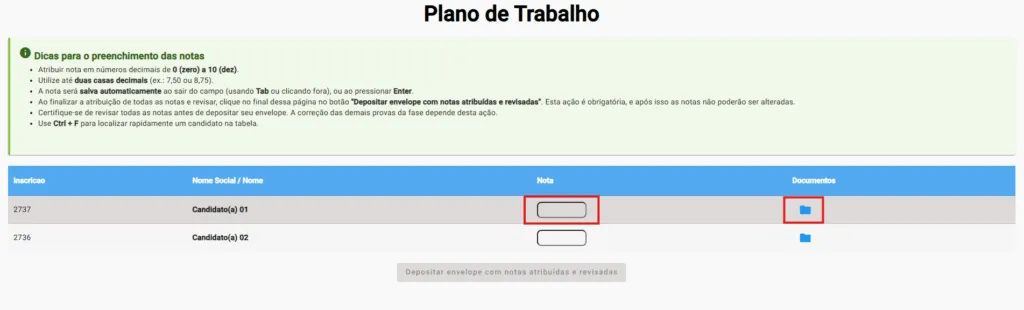 Lançamento nota prova plano de trabalho