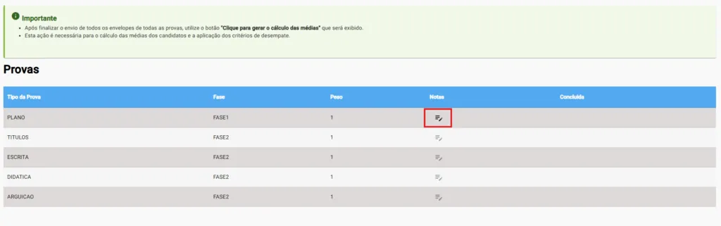 Listagem das etapas das provas