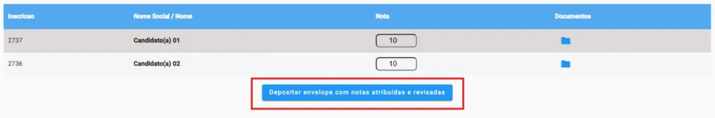 Depósito do envelope com notas