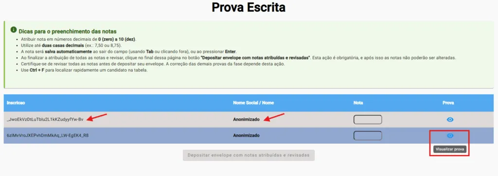 Avaliação prova escrita com nomes dos candidatos anonimizados