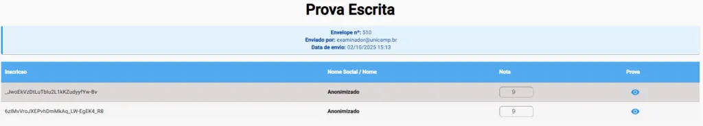Confirmação pelo envelope