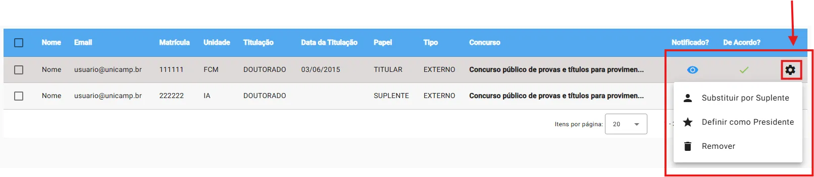 opções examinador