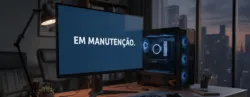 Computador contendo o texto "Em manutenção" em sua tela