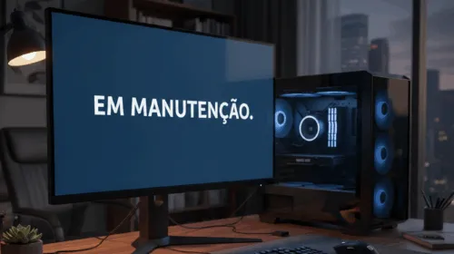 Computador contendo o texto "Em manutenção" em sua tela